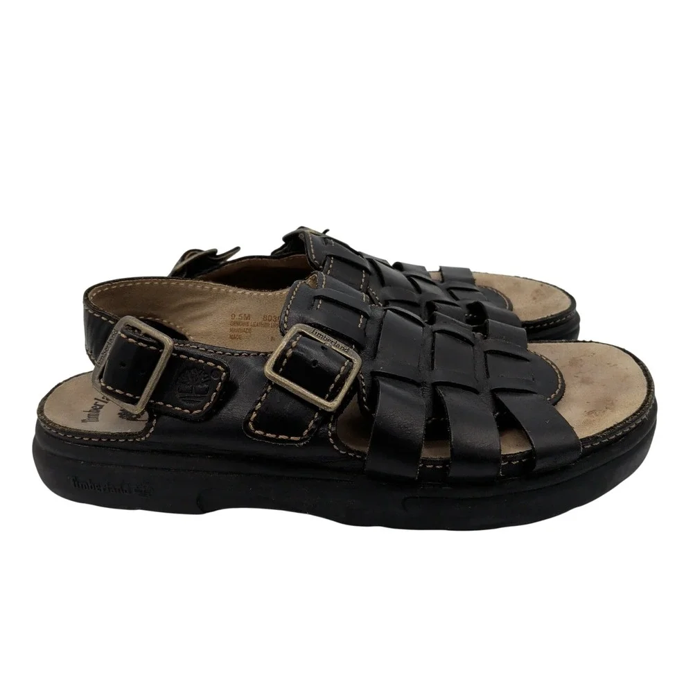 Timberland Mens 80303 Black Leather Fisherman Sandals Size 9.5M Buckle Straps
